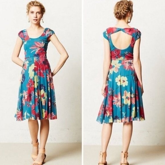Anthropologie Dresses & Skirts - Anthro Weston Wear Floral Quinby Green Dress Mesh Fit Flare Key Hole Small